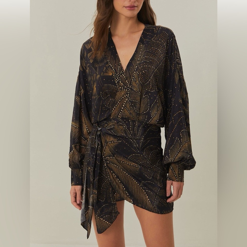 FARM Rio Black Golden Foliage Mini Dress